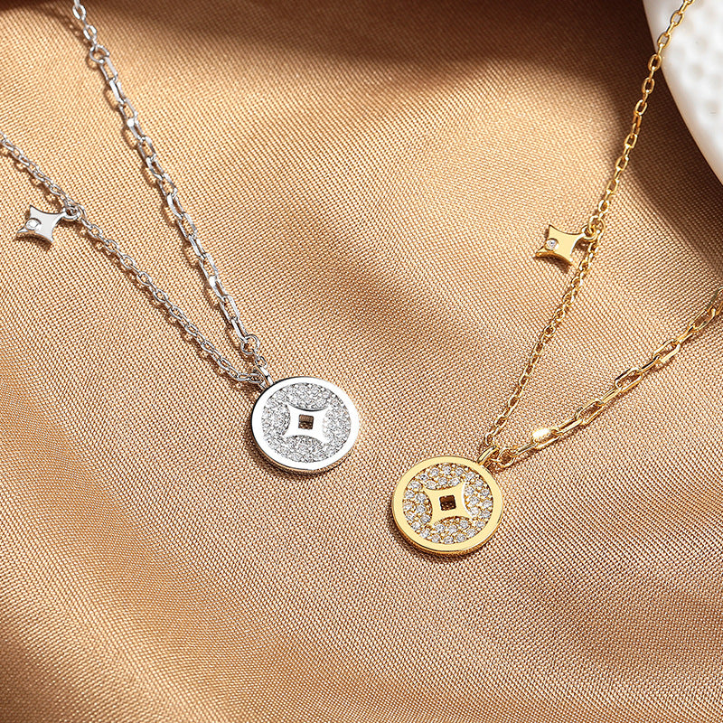 Prosperity Pave Coin Necklace 18 K